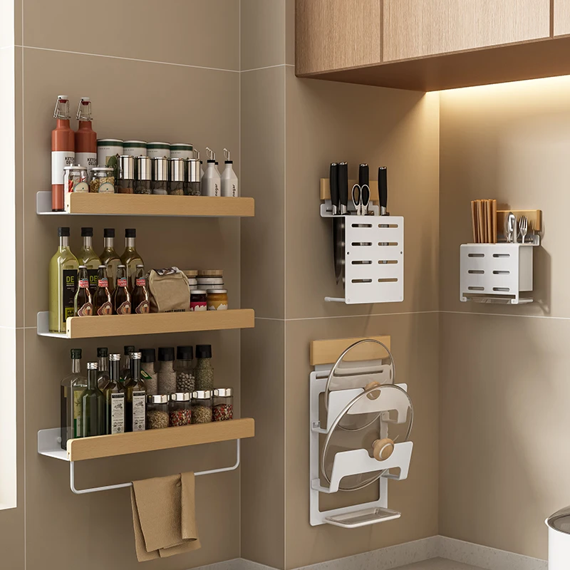 Kitchen shelving, non perforated wall mounted household seasoning products