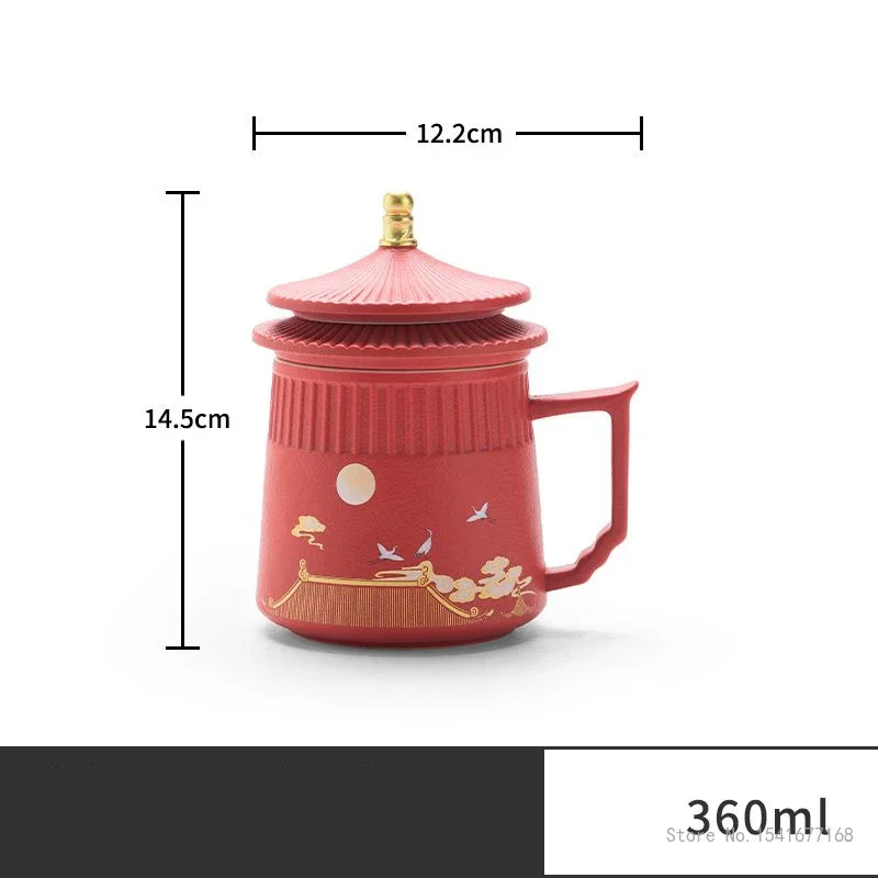 Creative Ceramic Tea Cup with Cover, Chinese Style Crane Pattern Office Supplies, Handle Teacup Separation Filter Water Mug, 1Pc