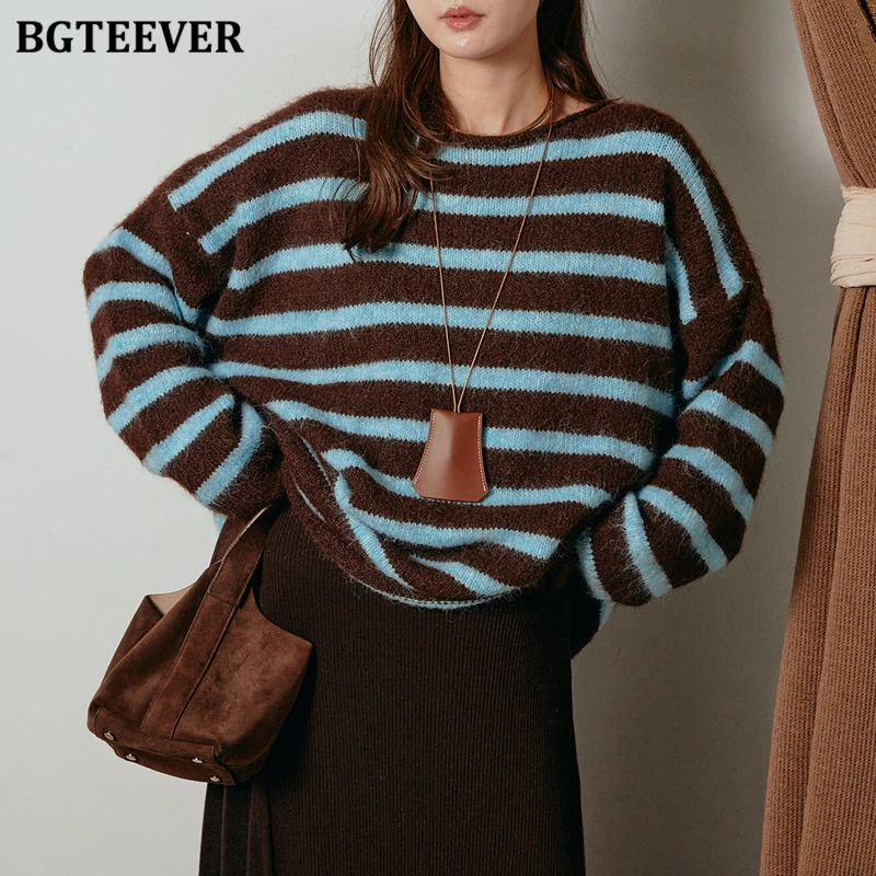 

BGTEEVER повседневные свободные полосатые вязаные пуловеры для женщин, осенне-зимние женские свитера с круглым вырезом, джемперы