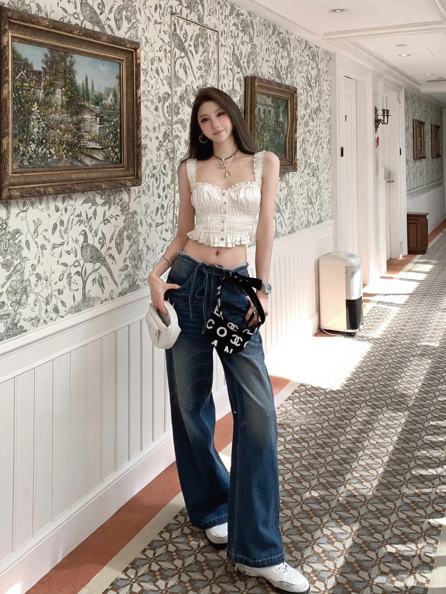 

F Project Vintage Mustache Hem Belted Wide Leg Straight Early Spring Denim Jeans Ladies Faion Spring Season l Waist