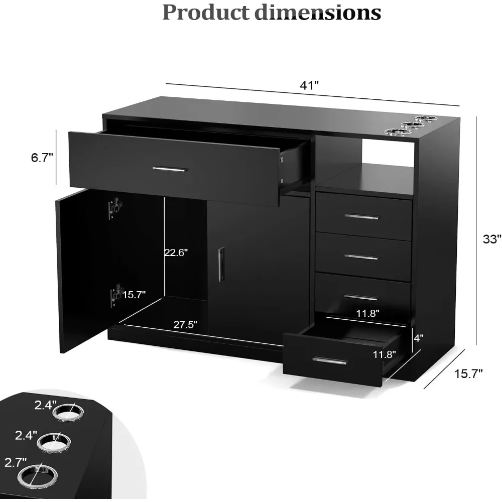 محطة صالون التجميل مع 5 أدراج، وخزانة تخزين واحدة، و3 حاملات لمجفف الشعر
