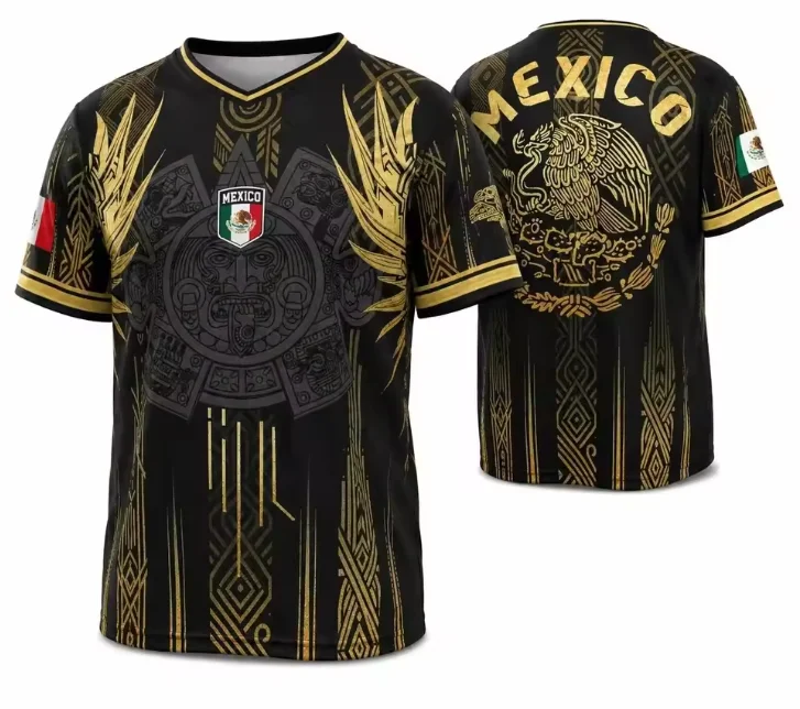 2026 Mexican National Football Jersey Men's Aztec Pyramid Pattern V-neck Mesh Football Shirt Short Sleeved Sports T-shirt