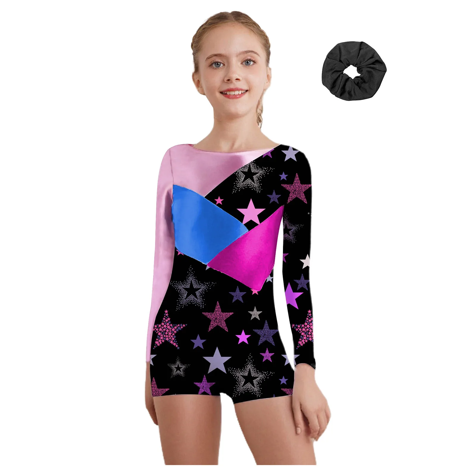 

Girls Gymnastic Leotard One Piece Figure Skating Ballet Dance Boyshorts Bodysuit Long Sleeve Color Contrast Unitard Dancewear