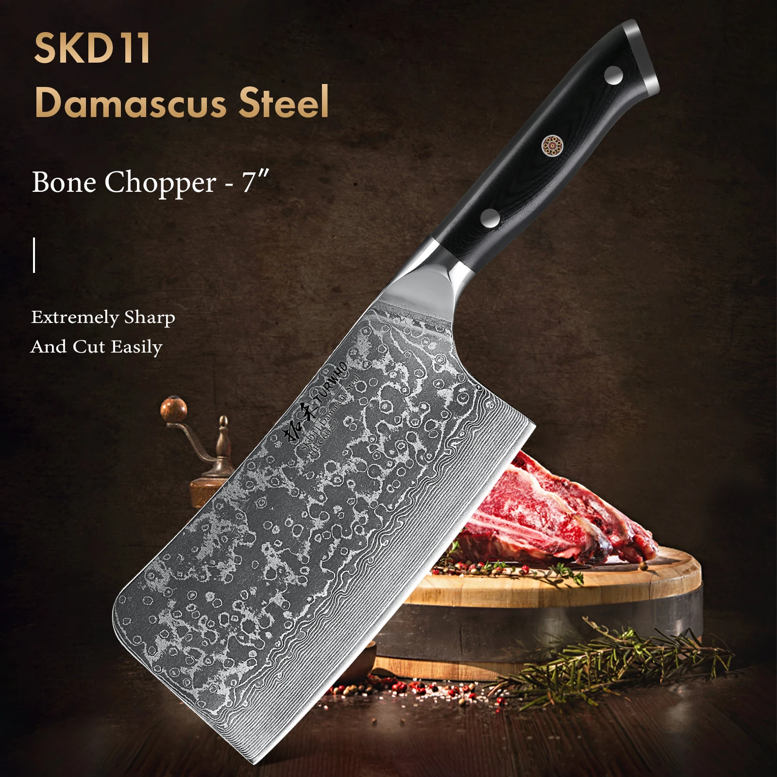 

TURWHO 7" Bone Chopper Knife 67 Layers Japanese SKD11 Damascus Steel Sharp Kitchen Cleaver Boning Cutting Meat Knife G10 Handle