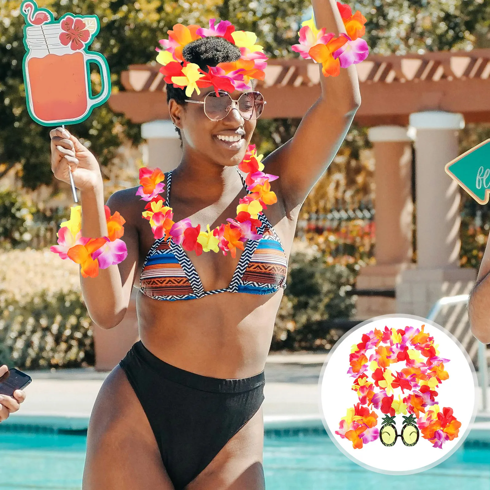 1 Juego de guirnaldas de flores grandes, accesorios hawaianos para fiesta, accesorios tropicales para vacaciones en la playa, decoraciones para disfraces de celebración Luau