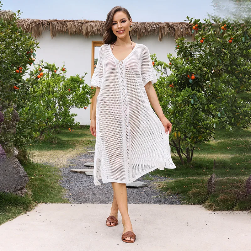 夏の新スカート女性の無地セクシーなニット中空ビーチビキニ水着カバーアップ日焼け防止服