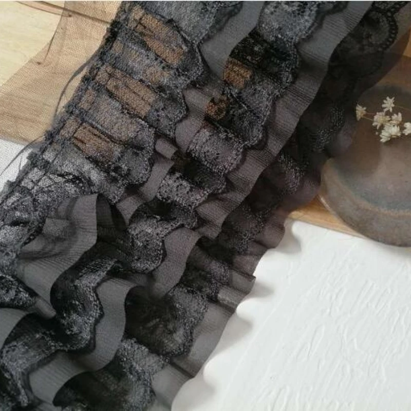 1Yards 12cm Wide Black White Mesh Tulle Lace Three Laminated Wrinkle Lace Trim Applique Ribbon for Sewing Dress Hemline Material