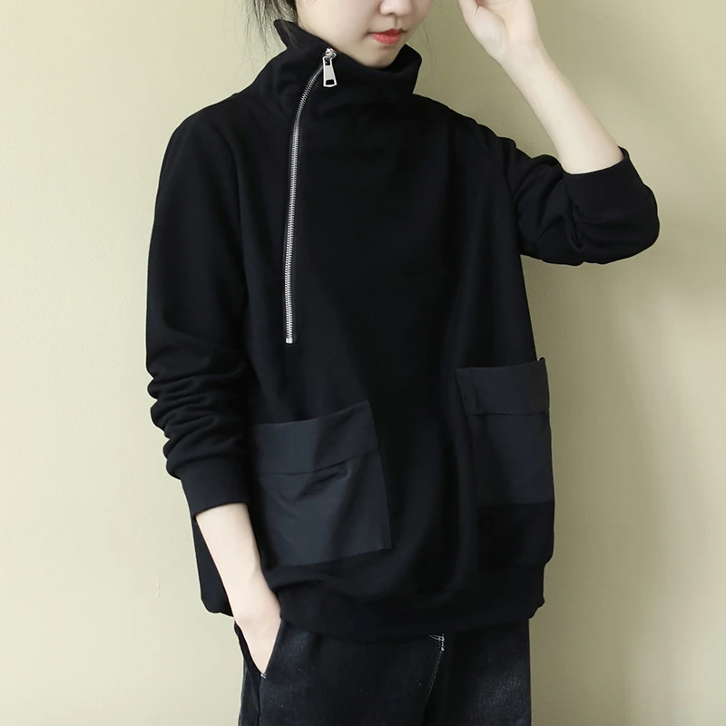 

Женская футболка больших размеров на молнии, весна-осень, повседневная, с длинным рукавом, высоким воротником, свободного кроя, универсальная, удобная, в художественном стиле.