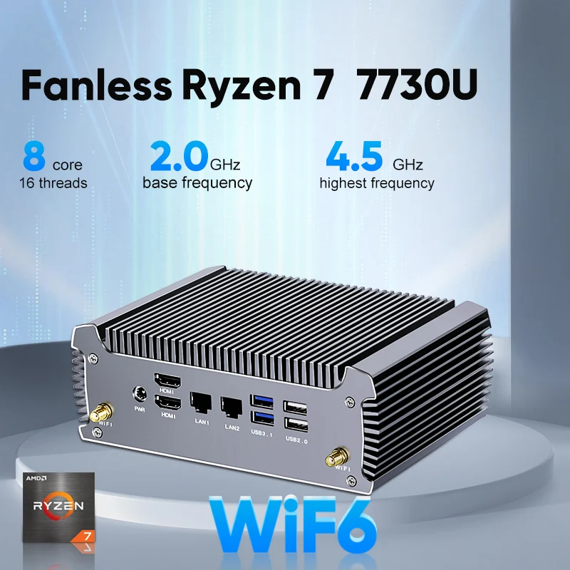 Fanless AMD Mini PC FU02 Ryzen 7 7730U 5800U Gaming Mini Computer Windows 11 Dual LAN Firewall Router 2*HDMI2.0 NVMe DDR4 WiFi6