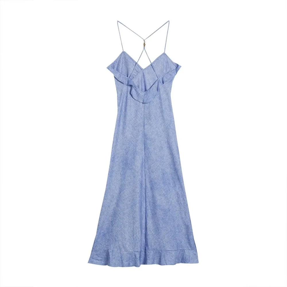 ZA feminino verão novo estilo de moda azul linho misturado em camadas vestido de alça decorativa