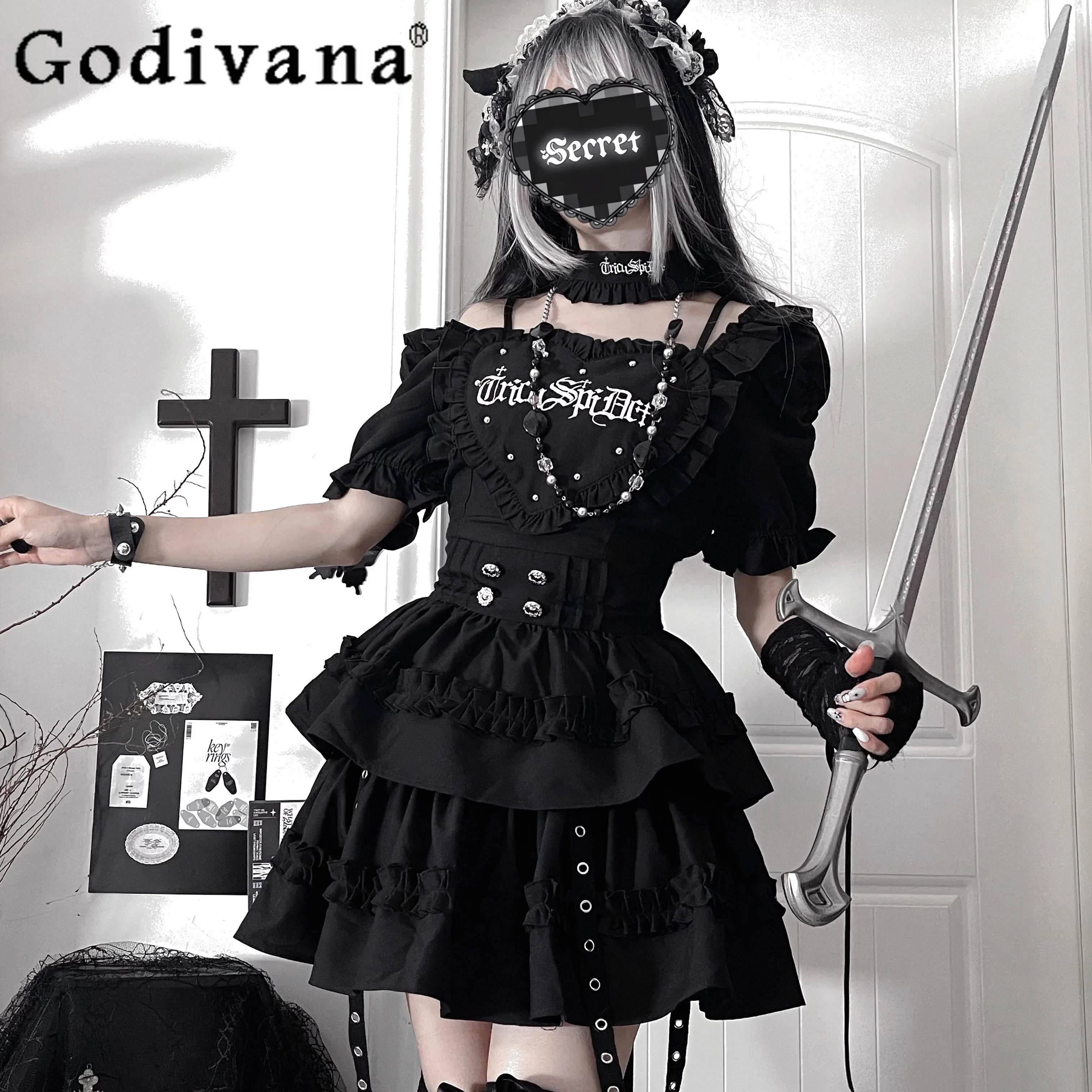 

Original Subculture Dark Gothic Short Sleeve Dress Op Summer New Girls Woman's Sweet Cool Slim Fit Sweetheart Neck Short Dress