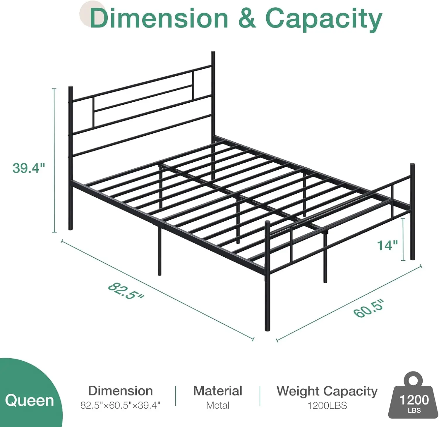 Rangka tempat tidur ukuran Queen dengan sandaran kepala dan kaki, rangka tempat tidur Platform logam 14 inci, penyimpanan di bawah tempat tidur, papan logam kuat