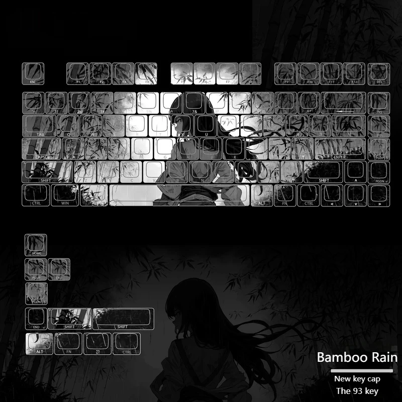 Bamboo Rain Theme Keycaps 95 Keys Cherry Profile Pbt Material Sublimation Mechanical Keyboard Cartoon Animation Gaming Keycaps