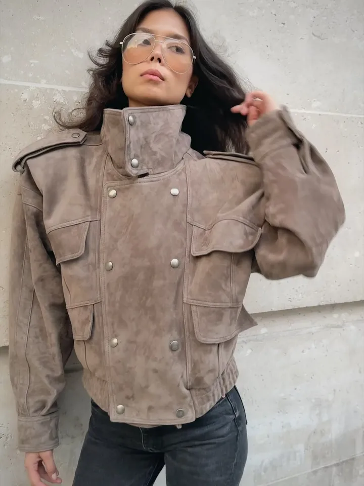 Women Vintage Faux Suede Jacket High Neck Shoulder Strap Detail Cropped Hem Double Row Buttons Casual Autumn Windbreaker Coat