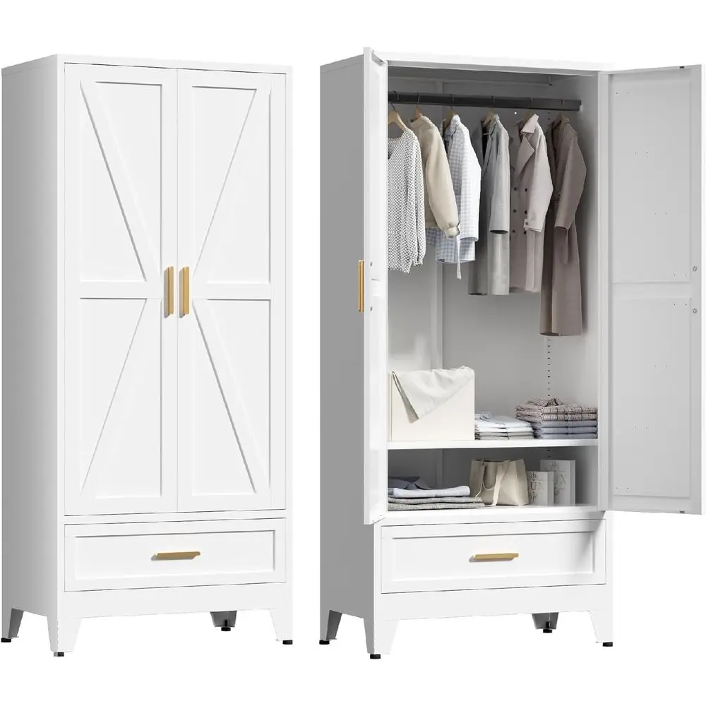 

Металлический шкаф-гардероб 71 с перекладиной для одежды и регулируемыми полками для столовой, спальни, гостиной и прихожей (белый)