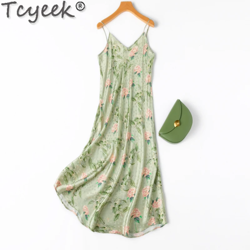 

Tcyeek 92% Mulberry Silk Party Dresses for Women Spring Summer Sexy Midi Dress V-neck Womens Dresses Print Adjustable Sling