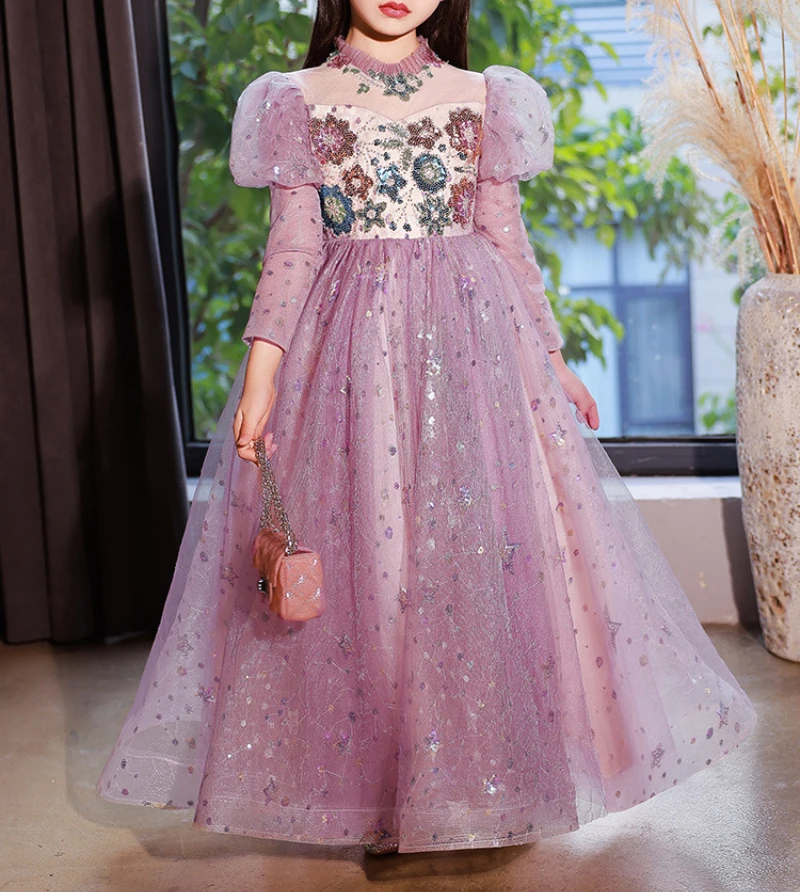 Customized High End Luxury O-neck Long Sleeve Girl Dresses Fairy Sequin Flower Embroidery Appliques Long Vestidos Sweet Princess