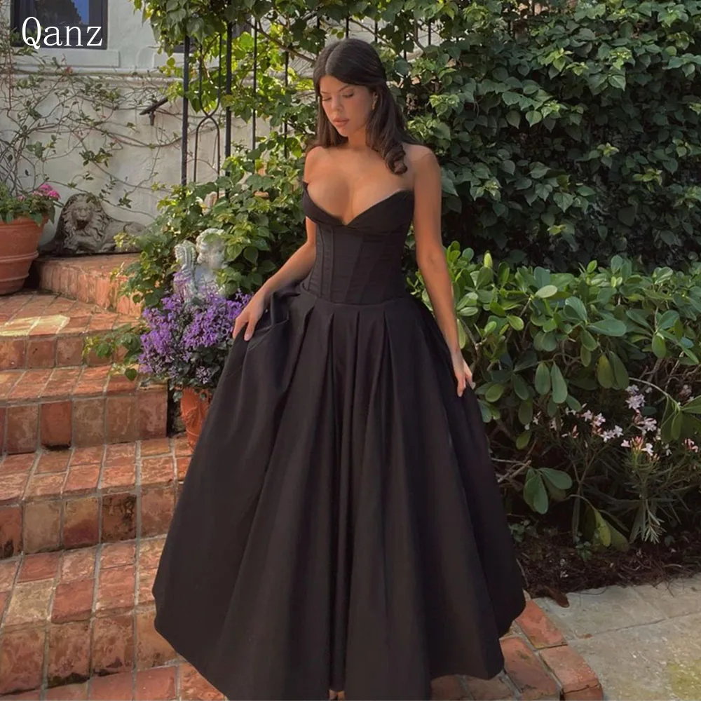 

Qanz Sexy Long A Line Evening Dresses Satin Black Vestidos Para Eventos Especiales Plus Size Corset Back Prom Dress For Black Gi