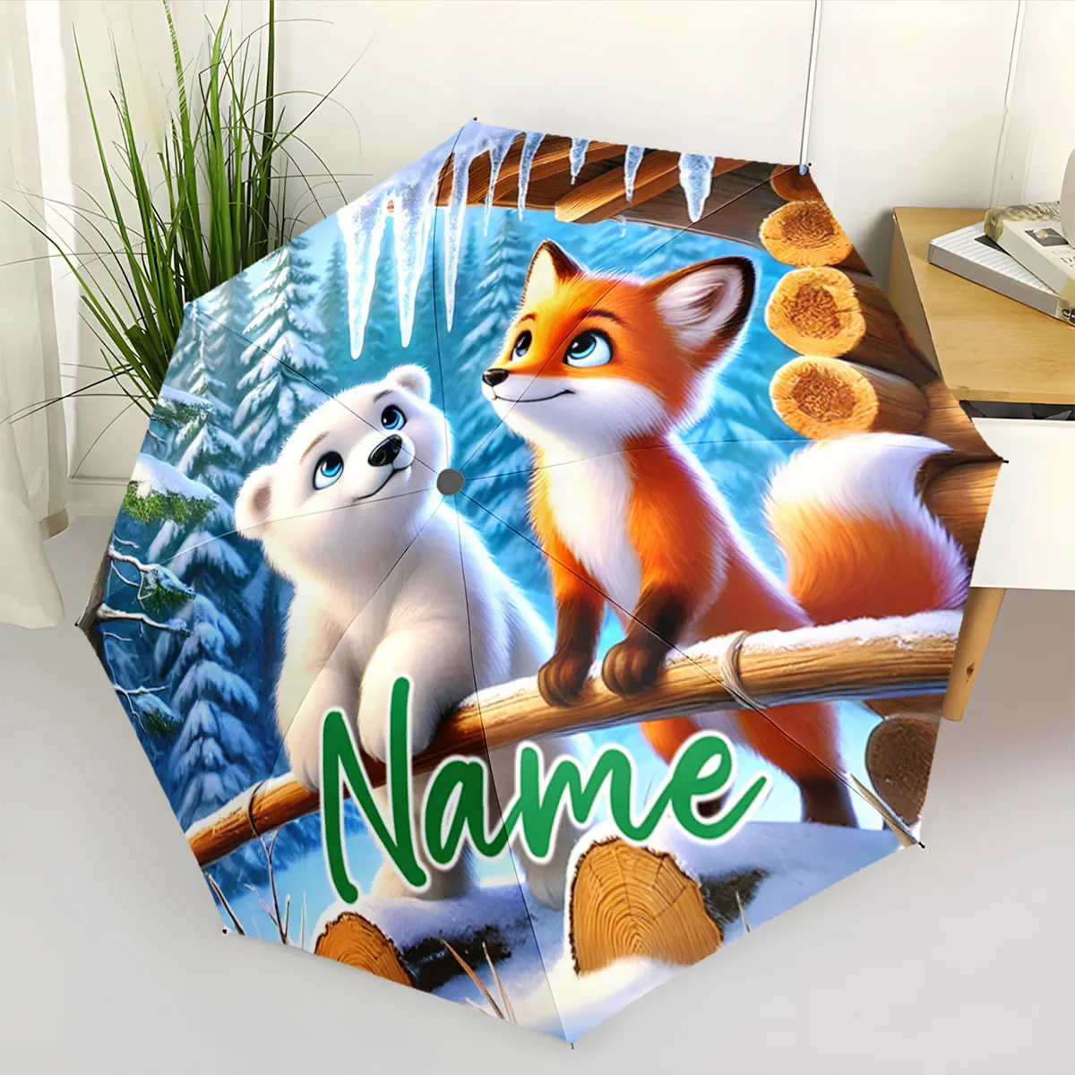 Custom Name Adorable Forest Animals Umbrella Design Print 8 Iron Ribs Folding Umbrella, Auto-Open Fashion Sunshade
