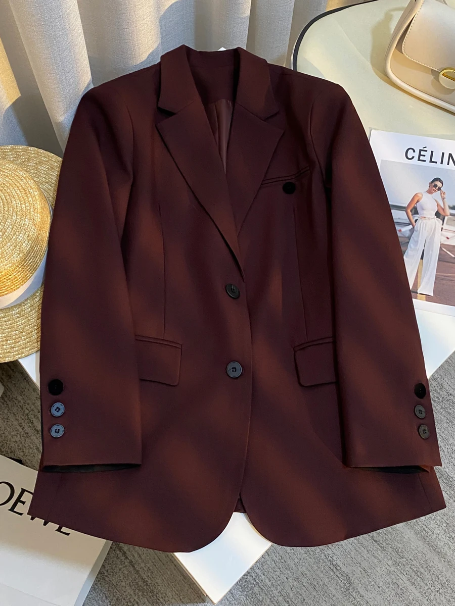 SuperAen 2024 Autumn New Solid Color Burgundy Blazer for Women Casual Korean Style Loose Notched Long-sleeved Blazer