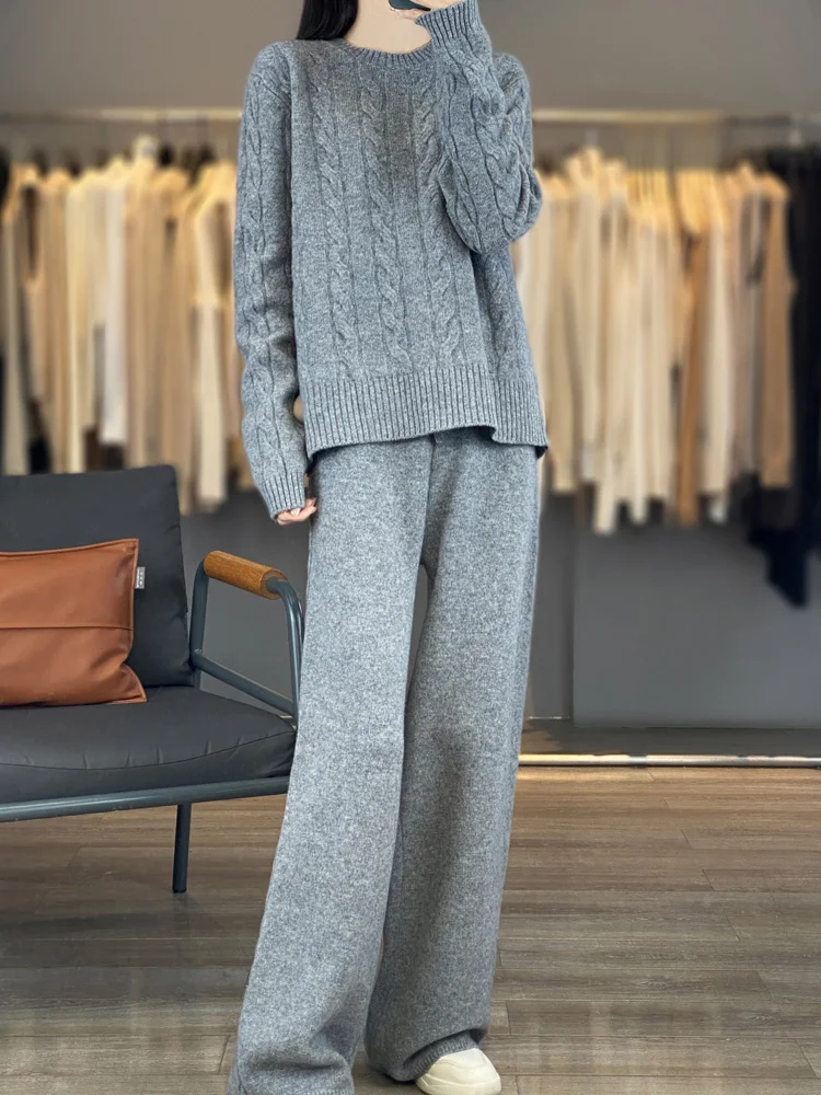 High Quality Wool Knitted Two Piece Set Autumn Winter New Women Solid O-neck Sweater and High Waist Wide Leg Pants Matching Suit