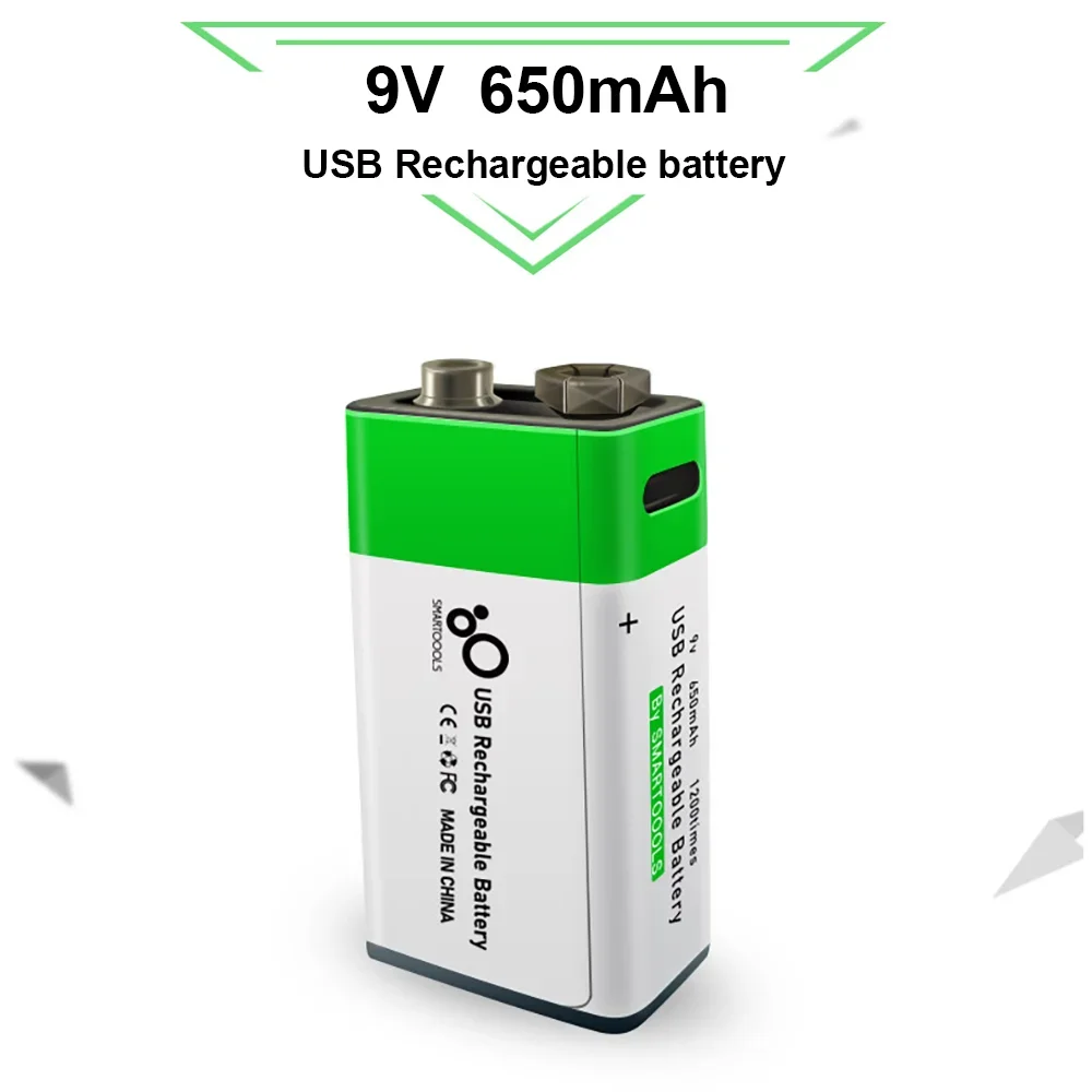 Batería recargable de litio de 9V y 650mAh, carga USB, batería cuadrada de iones de litio de 9 v para juguete, Control remoto, multímetro KTV,