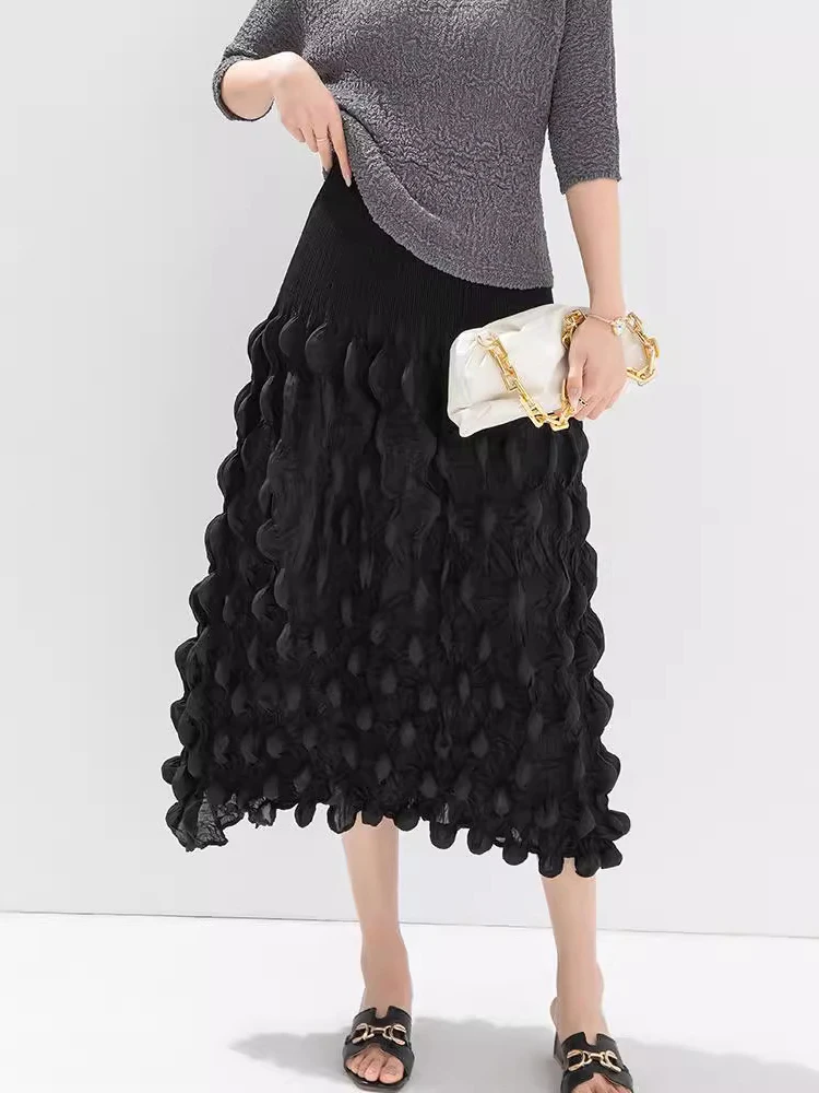 GVUW Pleated Chic Style Skirt Women Elastic Waist A Line Solid Color New 2025 Versatile Female Loose Fashion Skirts 17G8523