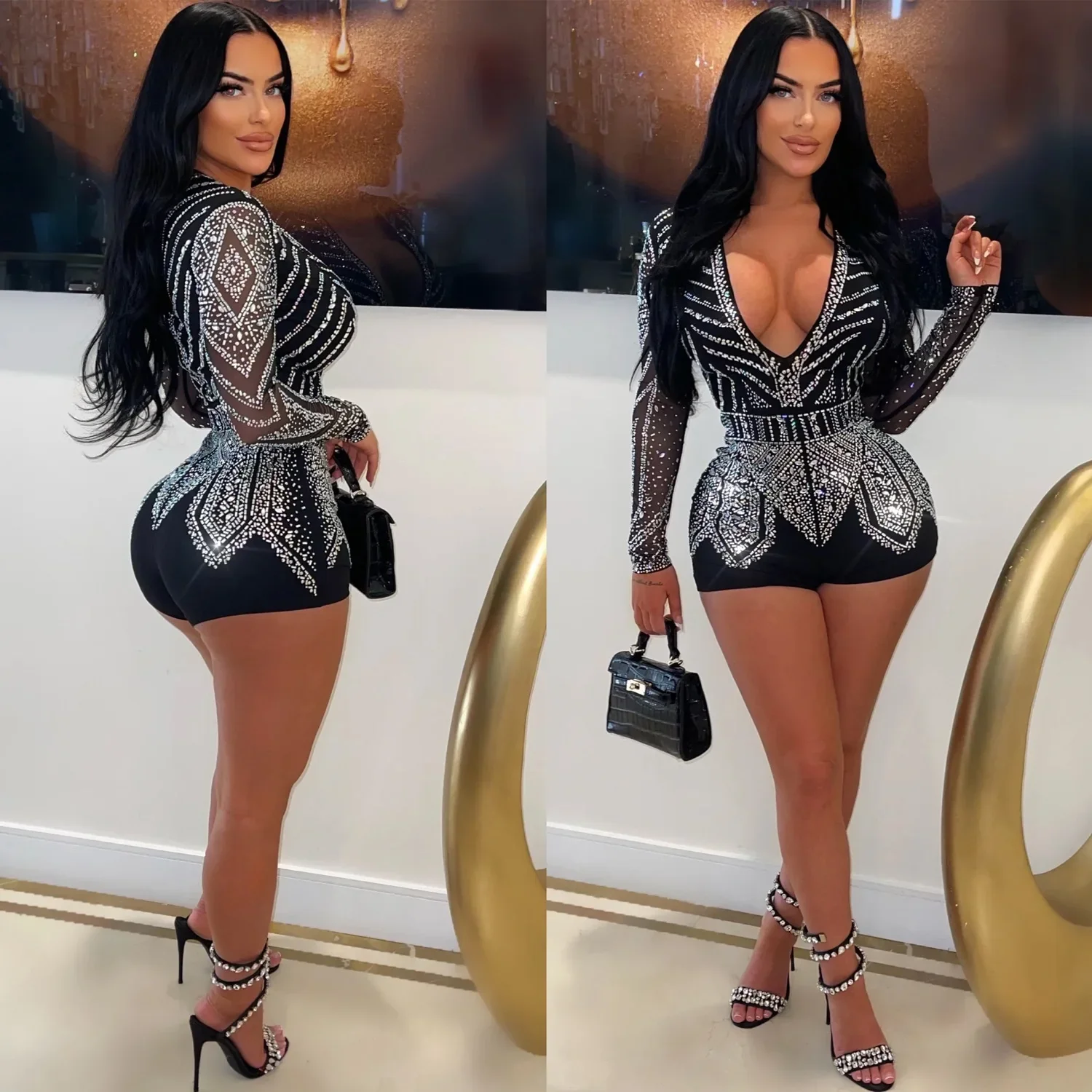 Z2078 New Summer Women's Clothing Sexy Tight Long Sleeve Rhinestone Jumpsuit For Nightclub Women's Fashion Cross-border Design