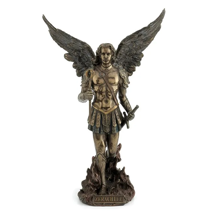 Archangel Zerachiel Statue Resin Antique Angel Warrior Figurine Large Winged Archangel Sculpture with Scepter and Sword Ornament