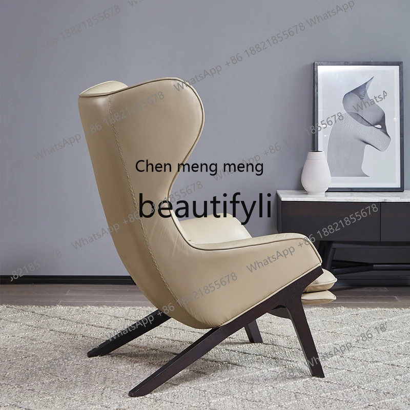 Italian minimalist solid wood casual sofa chair leather designer living room study single chair  R