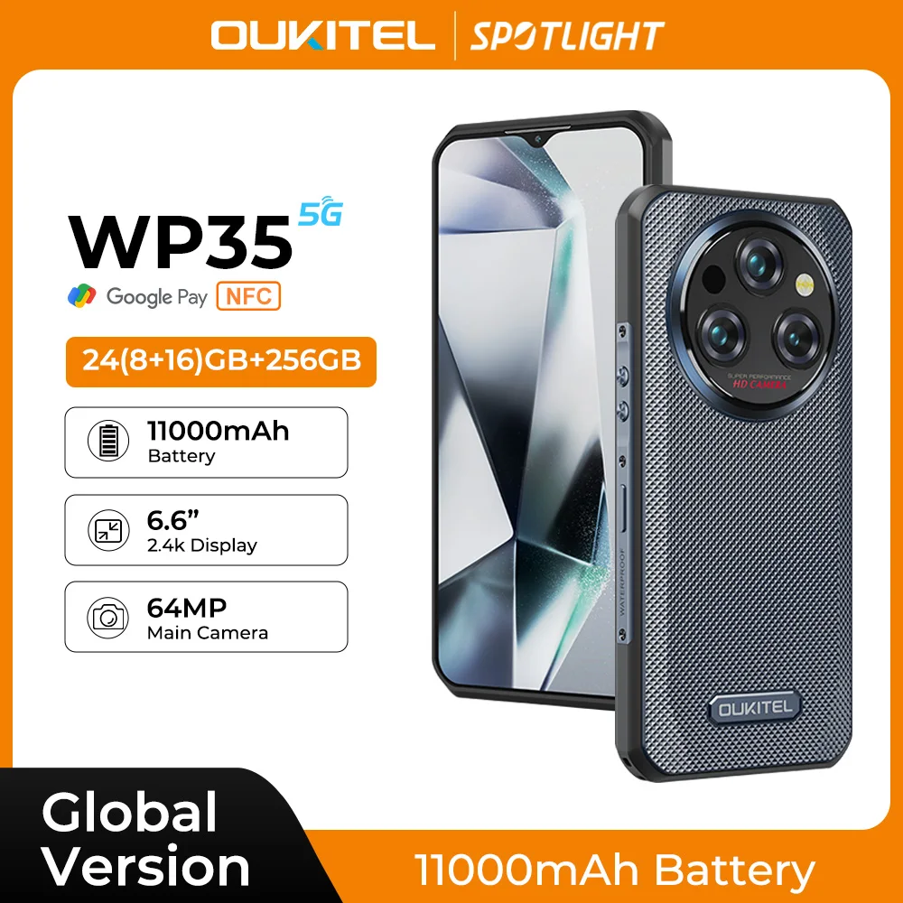 Oukitel WP35 Rugged Smartphone, 5G, 11000mAh, 24GB + 256GB, Andiron 14, 64 MP, NFC Cell Phone