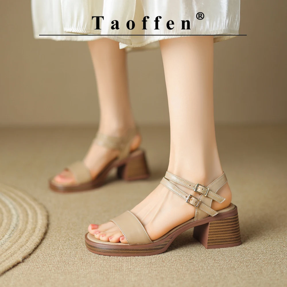 Taoffen Brand Casual Sandals Genuine Cow Leather Block Square Heel Women Roma Sandals Open Toe Retro Buckle Strap Lady Shoes