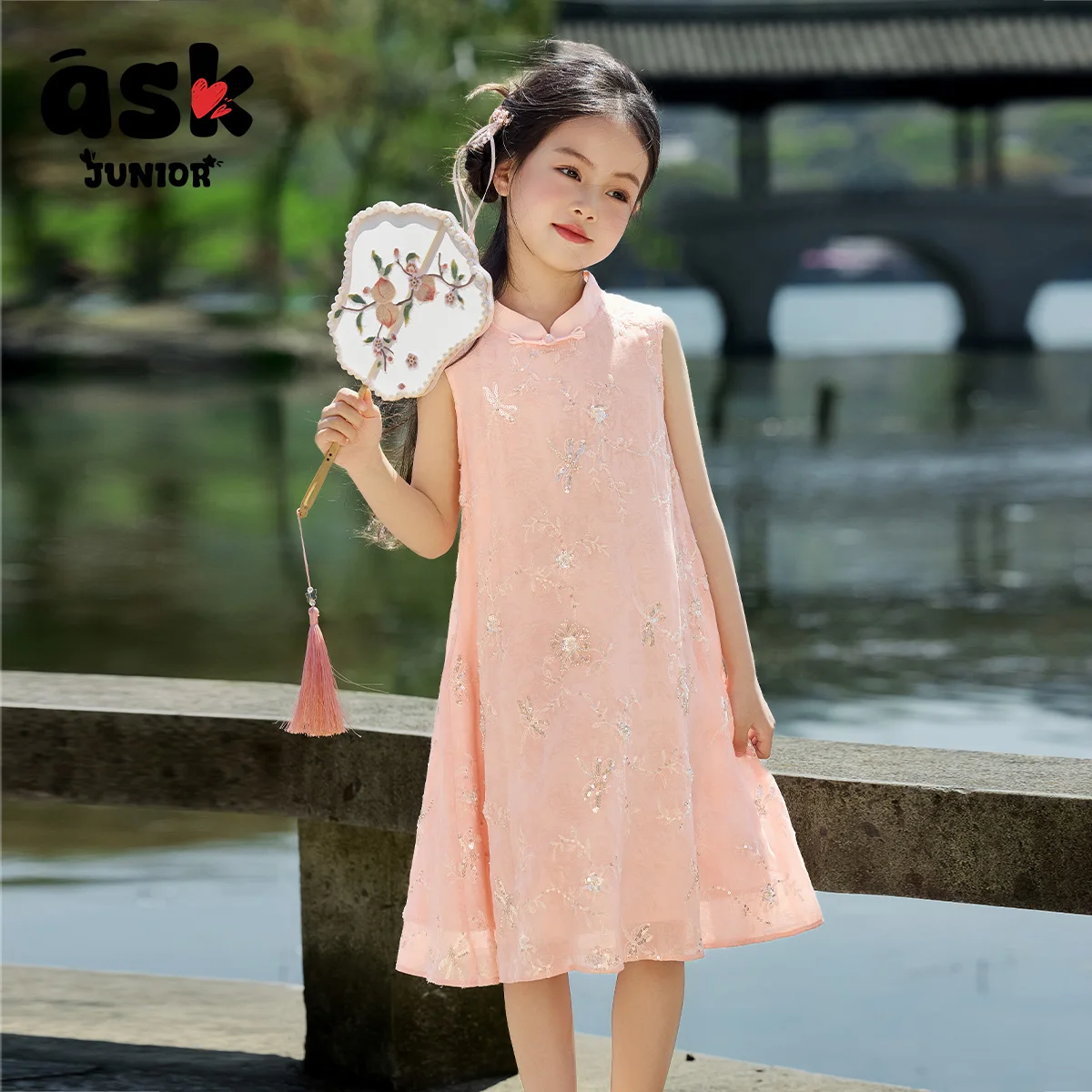 Ask Junior Children Sleeveless Vest Skirt Summer Middle and Older Children Cheongsam Collar Too New Chinese Dress Princess Skirt