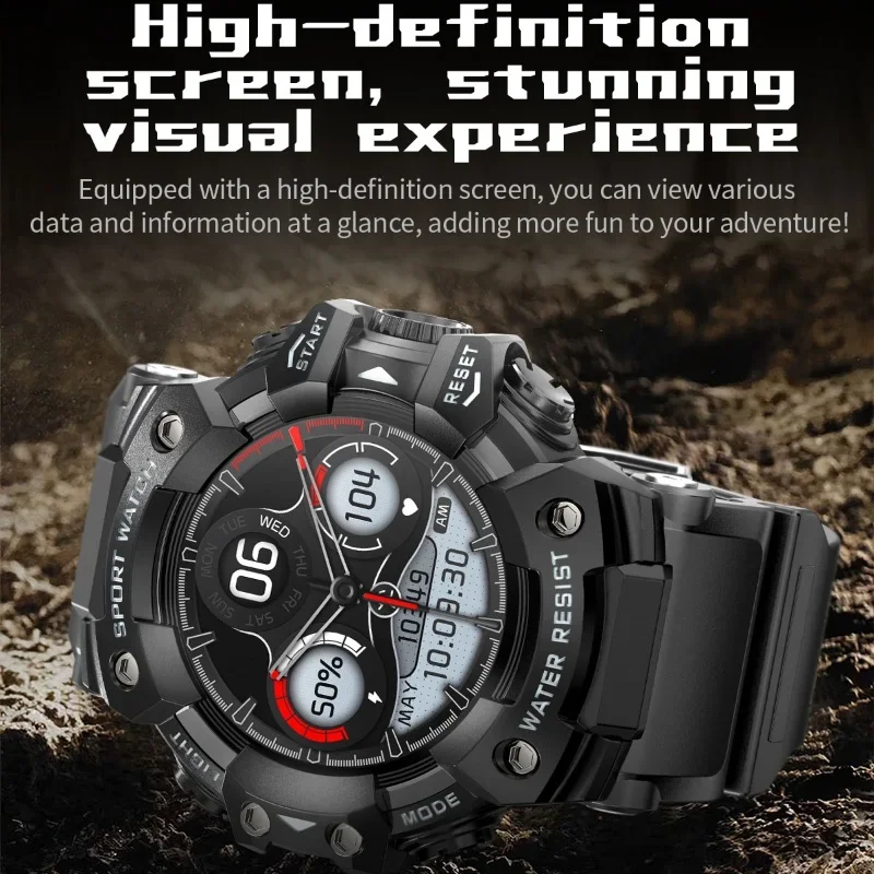 

2025 Rugged Sport Smart Watch Bluetooth Calls Colorful Waterproof Military Smartwatches with Flashlight SOS COMPASS for Phone