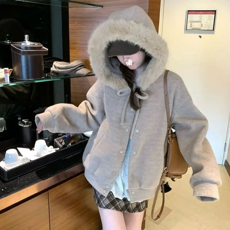 

Pure Cotton Velvet Atmosphere Hooded Sweater Women's Breasted Jacket