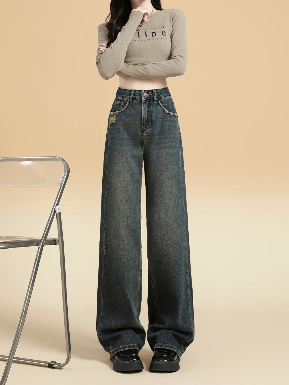 Vaqueros de pierna ancha para mujer, Vaqueros de cintura alta con botones Vintage de otoño, Vaqueros holgados de moda informales simples básicos