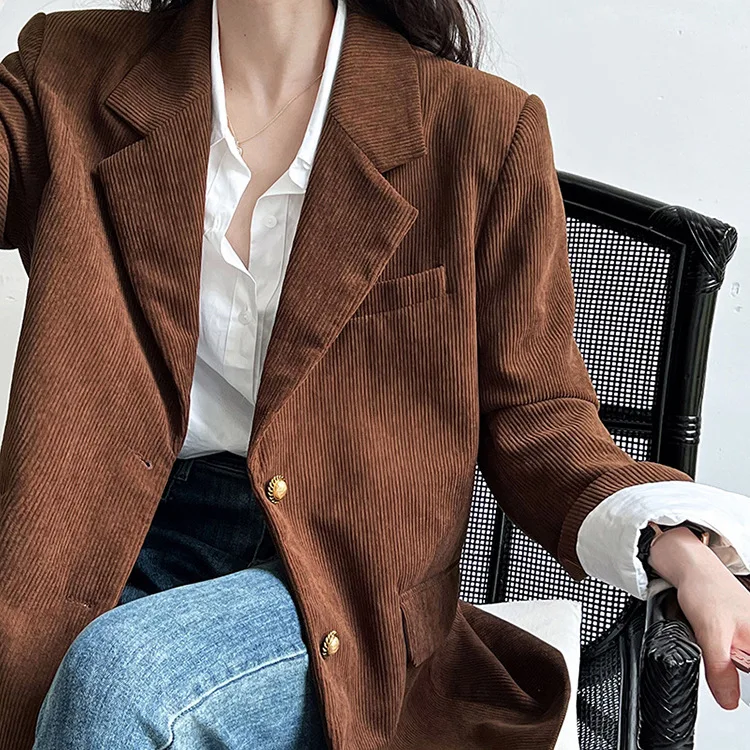 Brown Corduroy Blazer Women's 2026 Spring New Fashion Loose Casual Small Suit Office Lady Blazer Femme Jackets