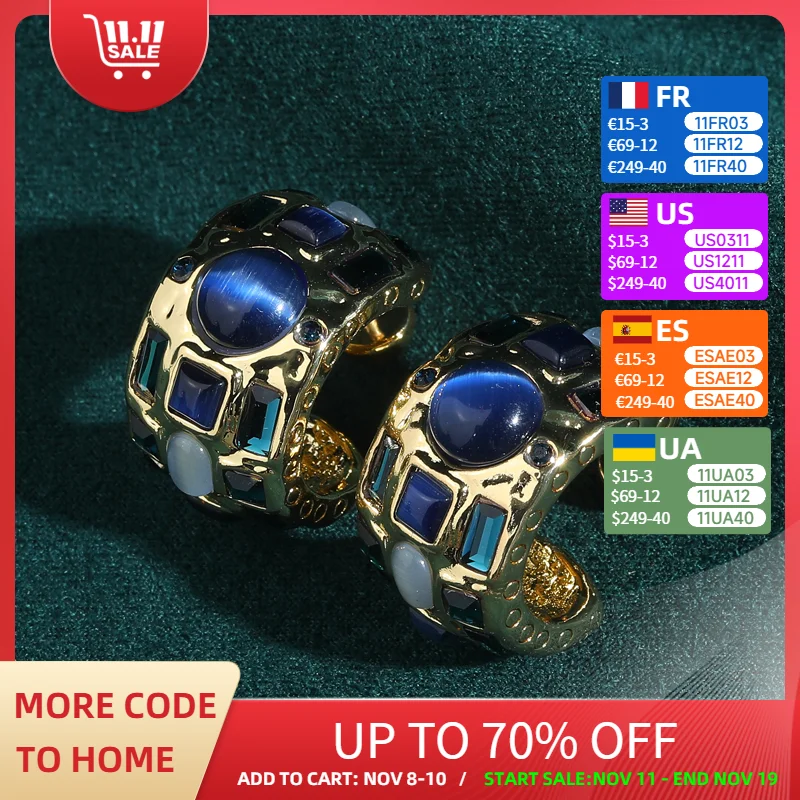 

Vintage Blue Opal Stud Earring Gold Color Cat Eye Stone Luxury Jewelry Designer Quality Gifts Trends 2025 For Woman Wedding New