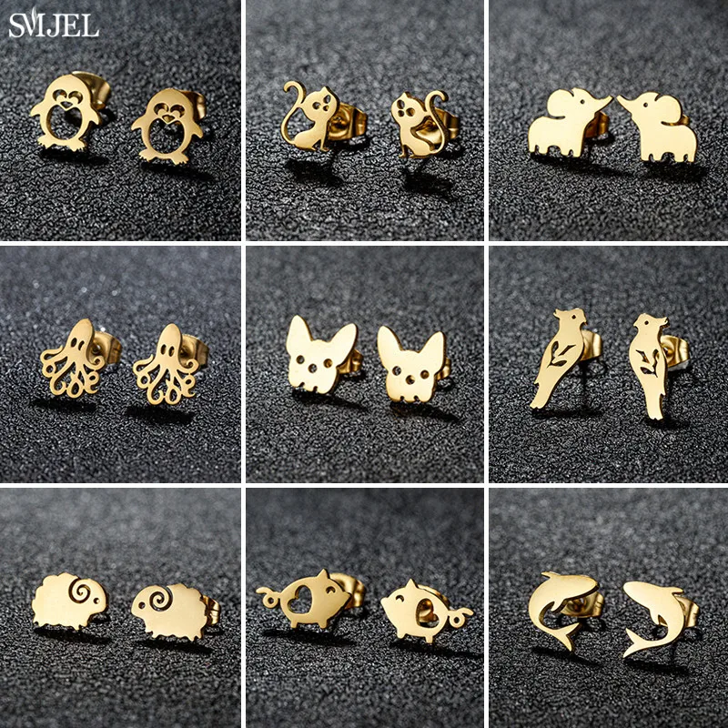 الأزياء الذهبي الفولاذ المقاوم للصدأ الحيوان الأقراط للنساء لطيف البطريق القرش القط الأغنام قرط الاذن المرصع المجوهرات اليومية صديق الهدايا