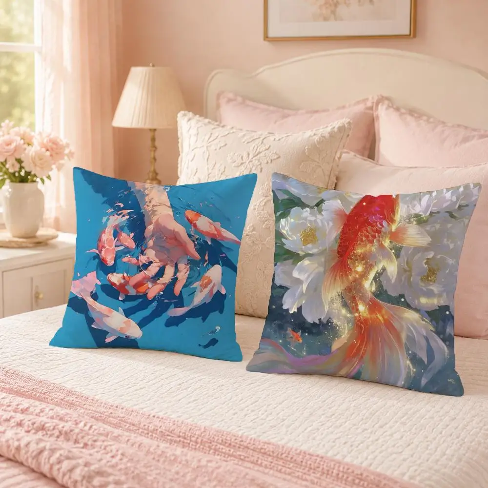 Koi and Lotus Watercolor Painting Cushion Cover Custom Plush Pillow Cover Soft Cloud Comfort for Sofa Bed Couch