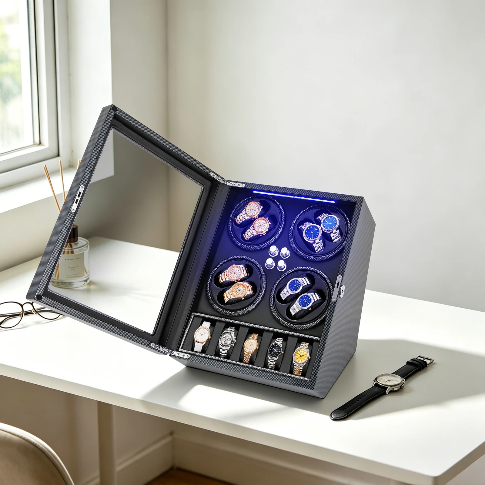 Watch Winders, 8 Slot Watch Winder Box, 5 Storage Slots, Acrylic Display Case, PU Lined, Anti Magnetic, Auto Stop, Anti Scratch, 100-240V for Automatic Watches