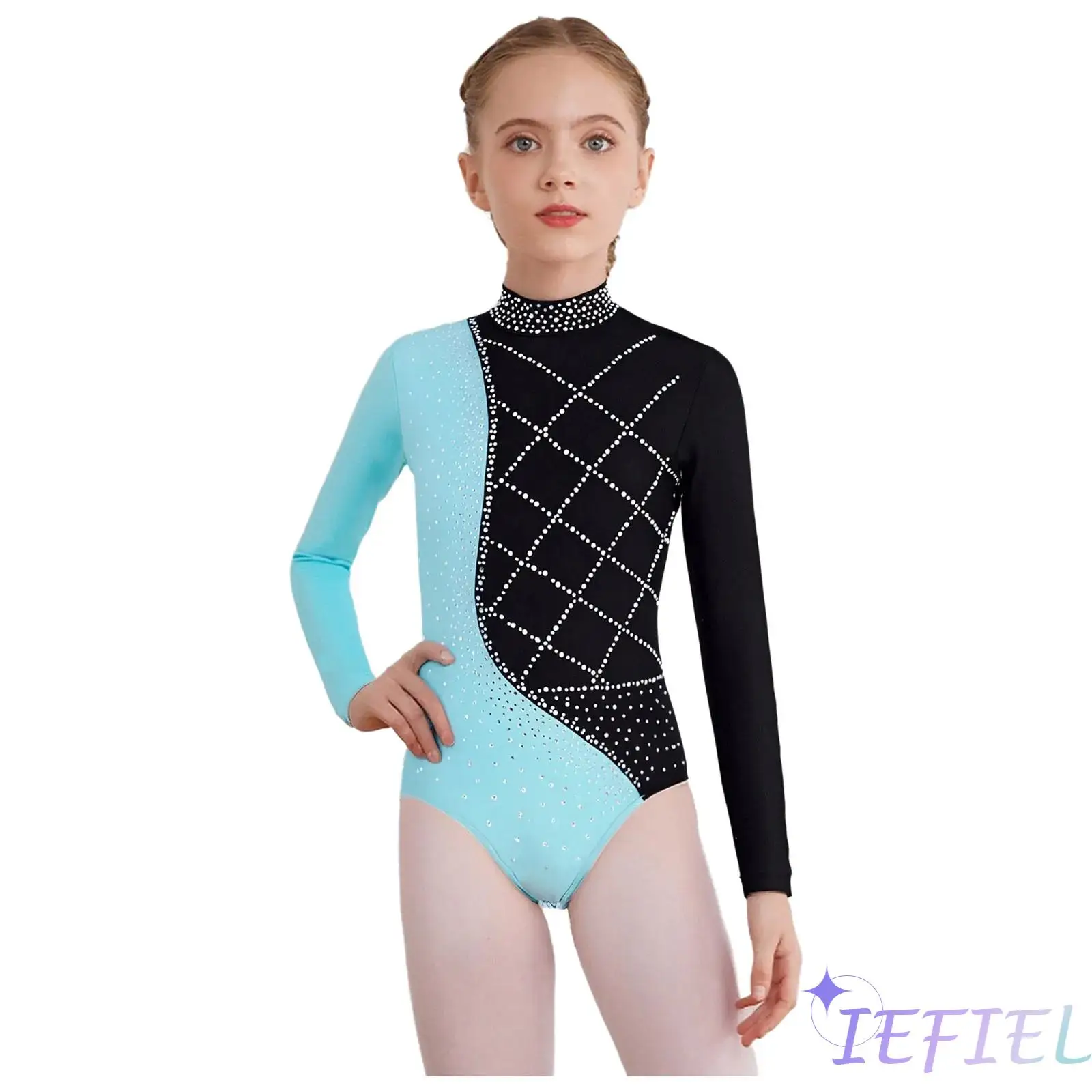 Leotardo de danza lírica para gimnasia con diamantes de imitación brillantes para niñas, mono de manga larga con cuello simulado para Ballet, Pilates, Yoga, práctica de baile
