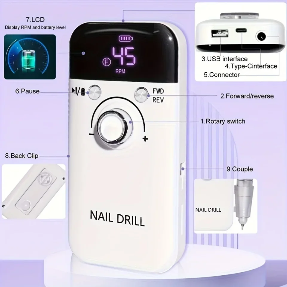 

1 set of 45000RPM rechargeable nail drill professional nail drill gel nail polishing portable nail file nail trimming tool