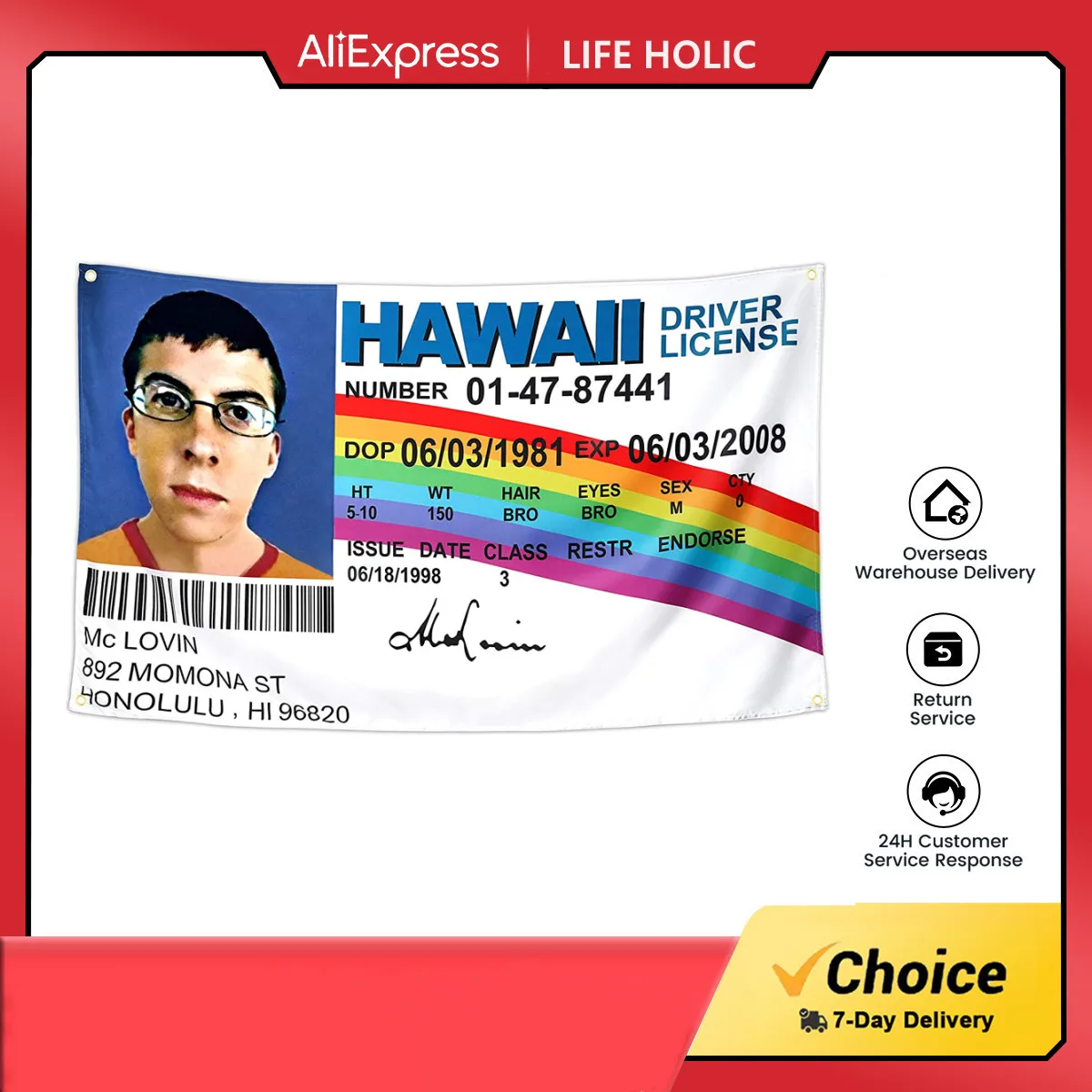 

McLovin Fake ID Driver License Flag 90x150CM 3x5FTWall Tapestry Polyester One Piece Flag Banner Dorm Room Indoor Post NEW 2024