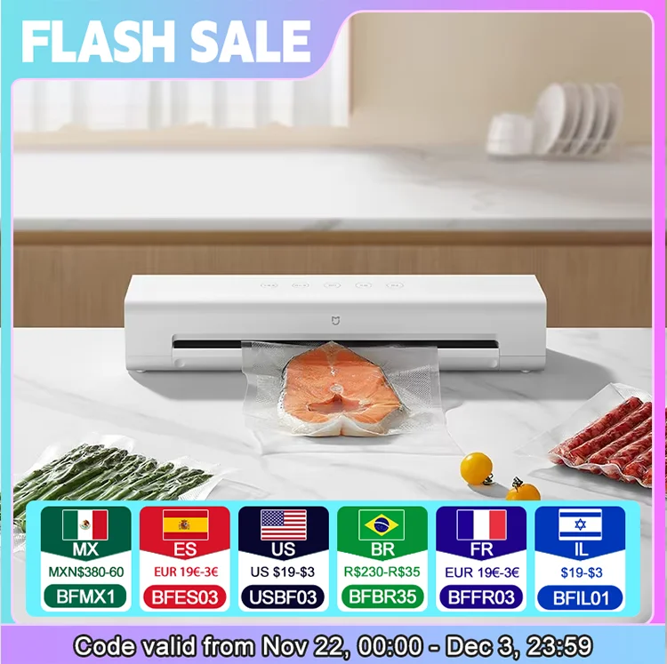 XIAOMI MIJIA 220V Vacuum Sealers Machine With Free 10pcs Vacuum Bags For Kitchen Household Food Vacuum Sealer Packaging Machine