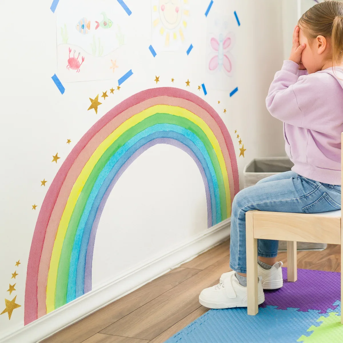 Large Rainbow Wall Stickers For Kids Room Decoration Wallpaper Giant Rainbow Stars Decals Murals Nursery Stikers Chambre Fille