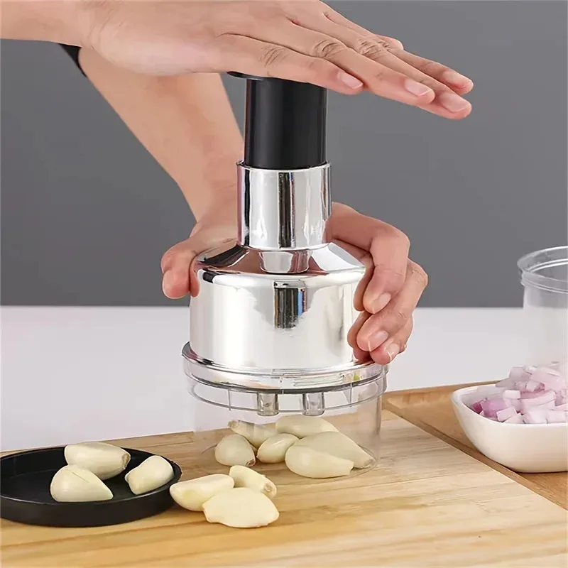 Kitchen Manual Tools Vertical Hand Press Garlic Cutter Chopper Onion Nuts Cutter Vegetable Food Chopper with Storage Container view 3
