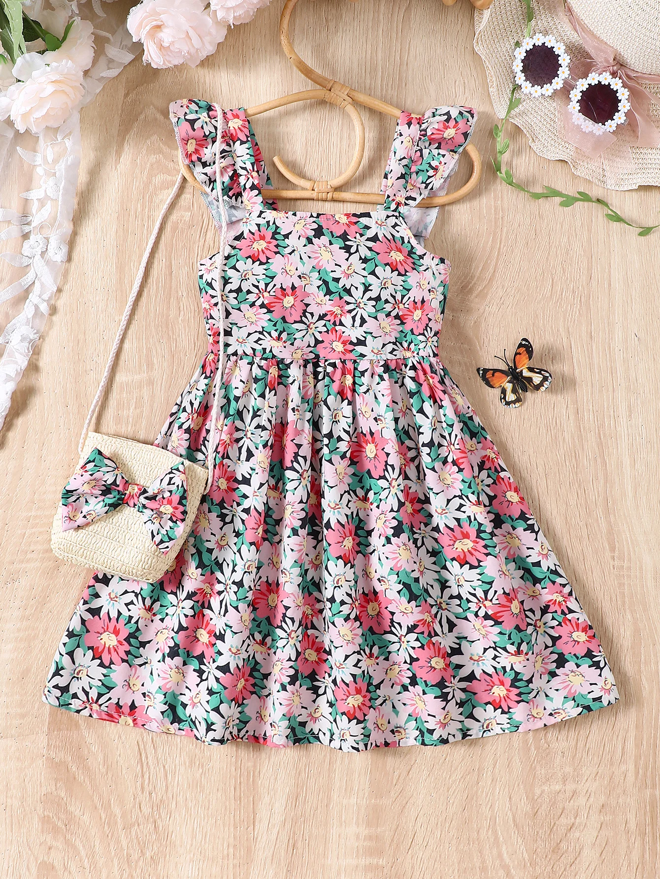 2024 Summer New Sweet And Fresh Dress For Primary And Secondary School Girls Sleeveless Cotton Dress Delivery Woven Shoulder Bag