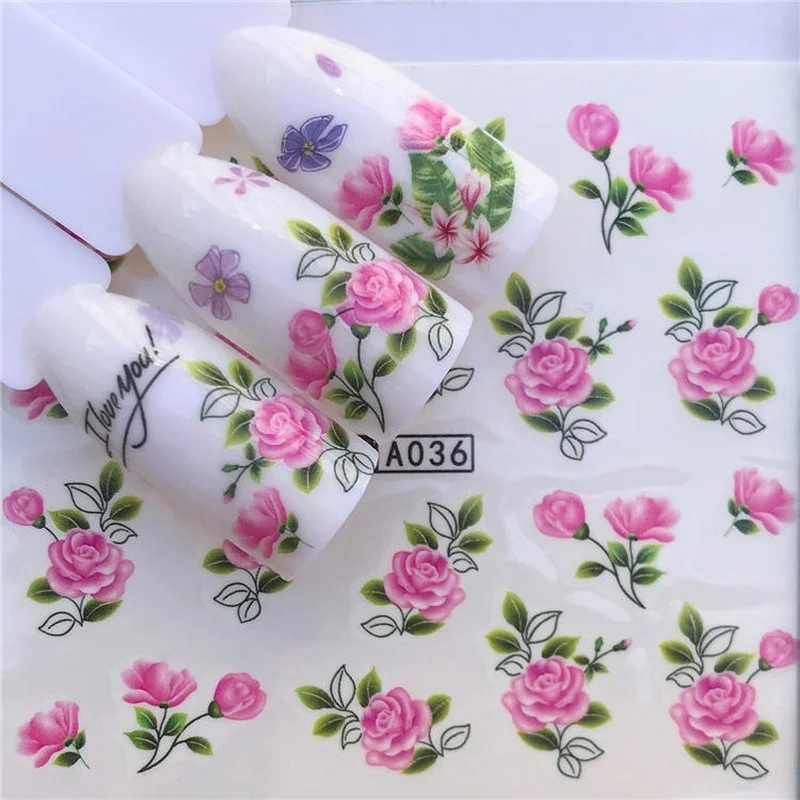 1 Sheets 2021 DIY Designer Water Transfer Tips Nail Art Pink Rose Flower Sticker Decals Women Beauty Wedding Nails