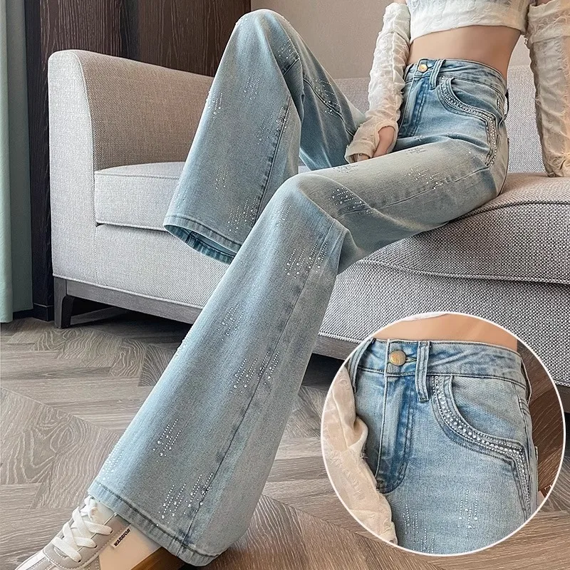 

Hot Stamping Micro Flared Jeans Women Spring Autumn 2026Water diamonds Solid Color Fashion Leisure Commute Women Pants